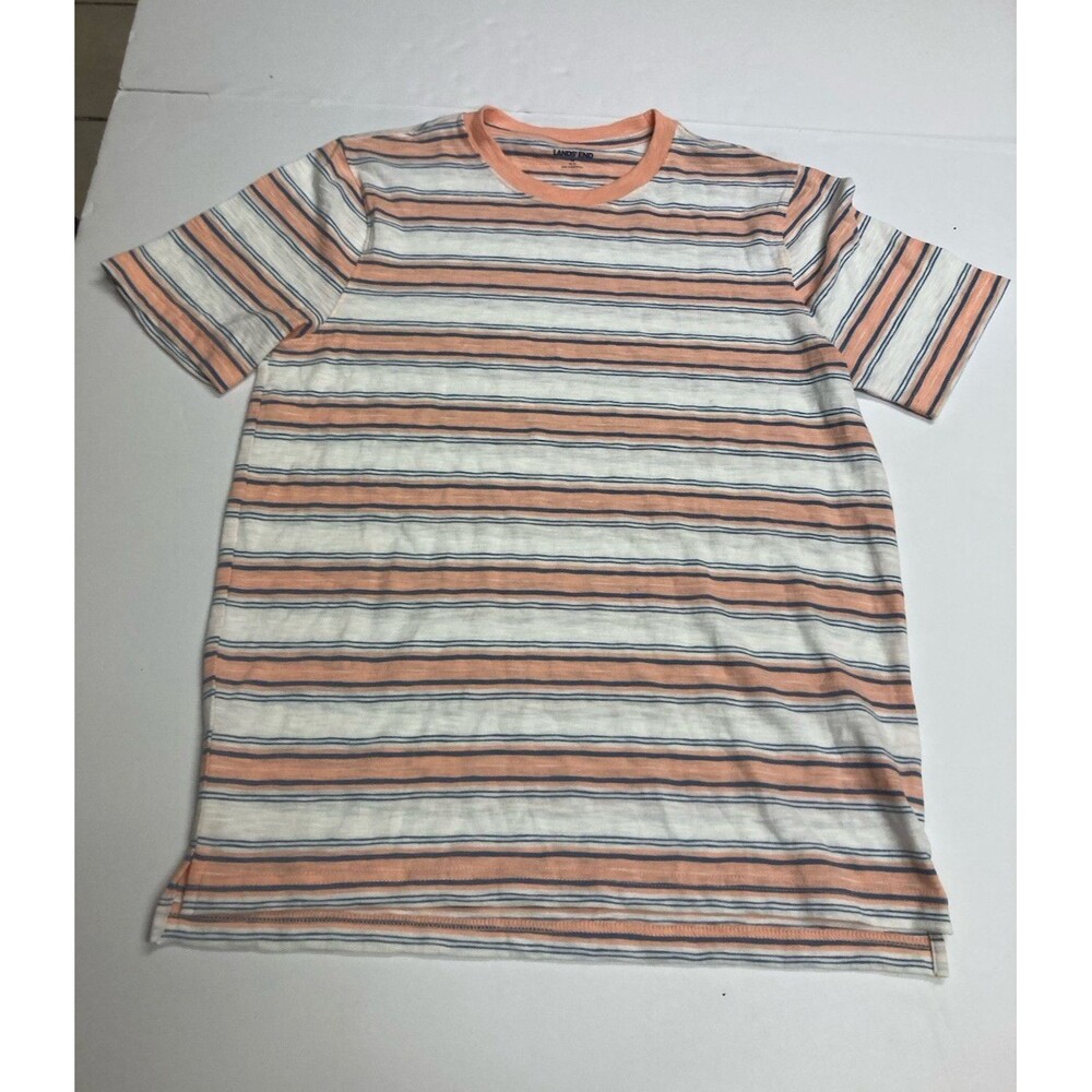 Lands' End Men's Orange/White/Blue Striped Crew Neck Short Sleeve T-Shirt M